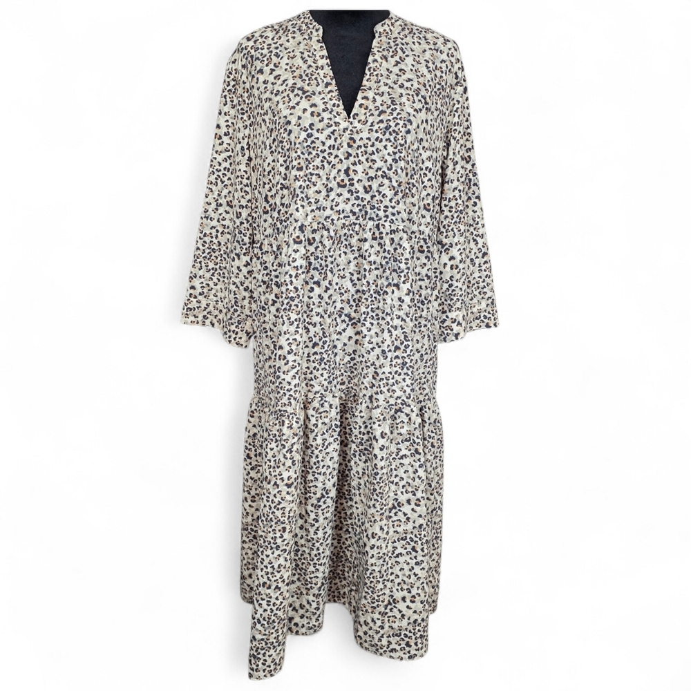 Leopard Print Tiered Midi Dress V-Neck Relaxed Boho Casual Western Size 8 - Picture 1 of 10